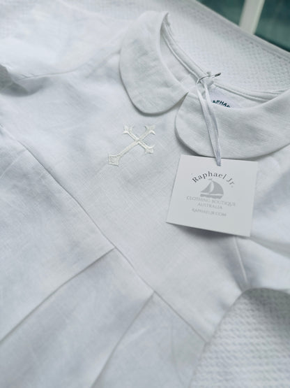 Linen Baptism 3/4 length jumpsuit with optional cardigan and embroidery