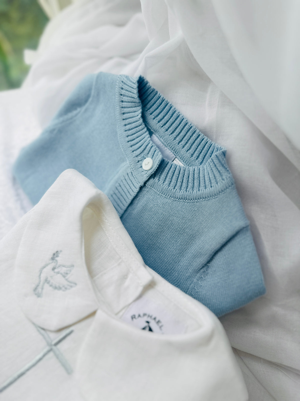 Linen Baptism 3/4 length jumpsuit romper with optional pale blue cardigan