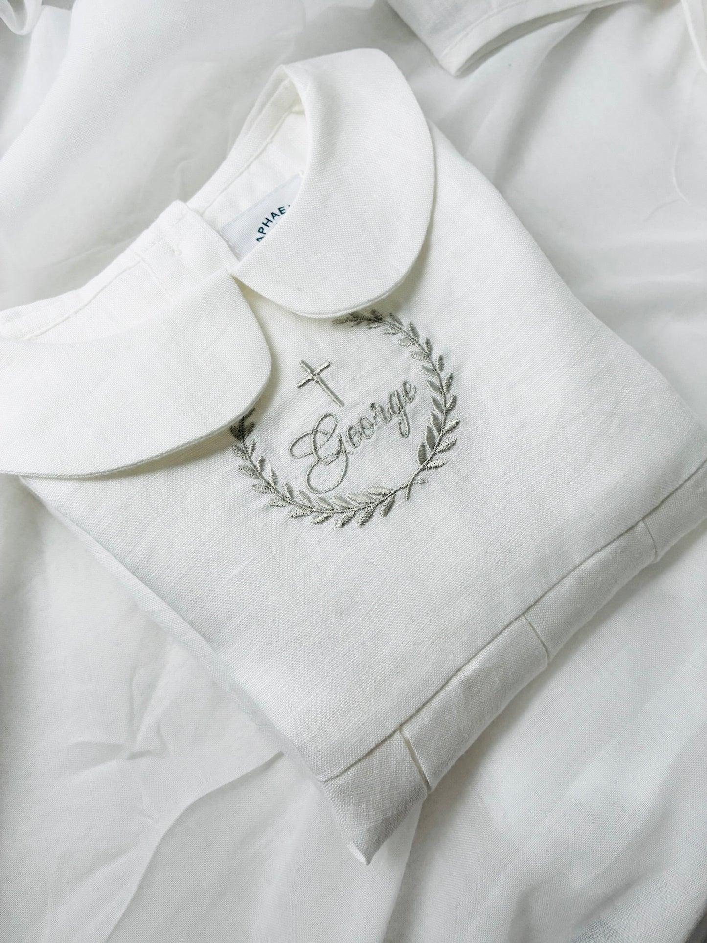 Linen Baptism 3/4 length jumpsuit romper with optional cardigan and embroidery
