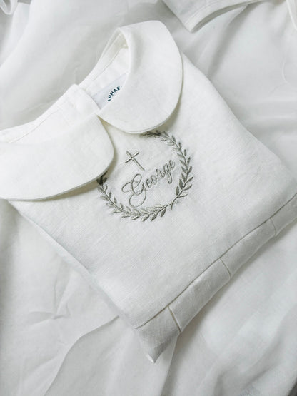 Linen Baptism 3/4 length jumpsuit romper with optional cardigan and embroidery
