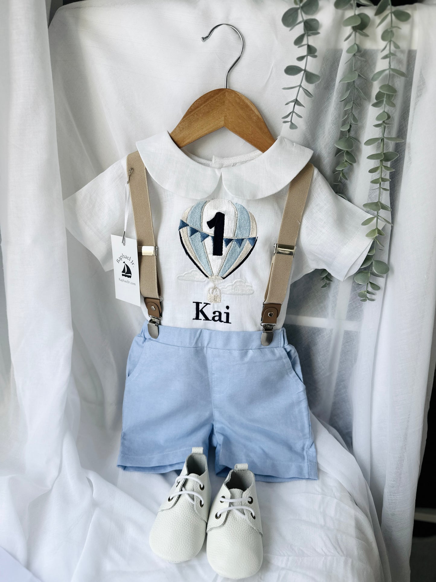 Blue and white linen first Birthday and Baptism blouse with suspender shorts set