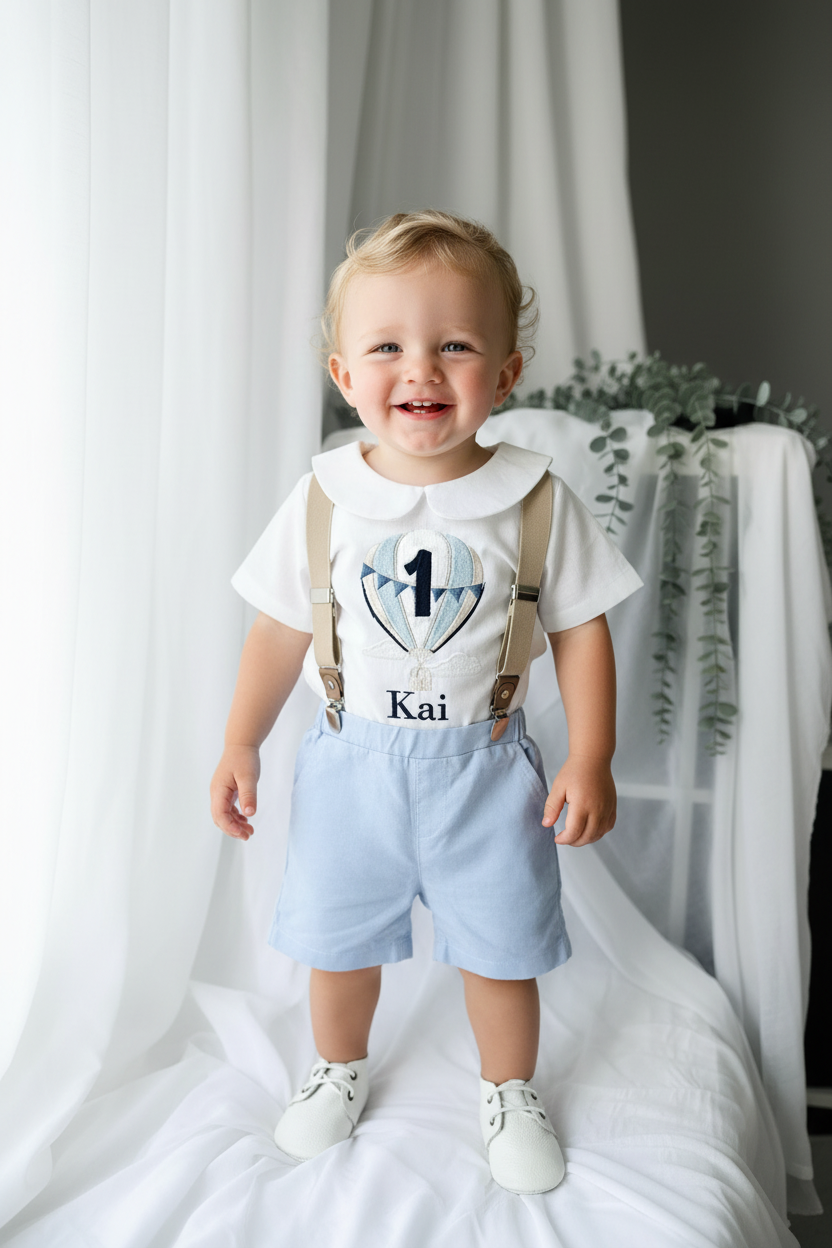 Blue and white linen first Birthday and Baptism blouse with suspender shorts set