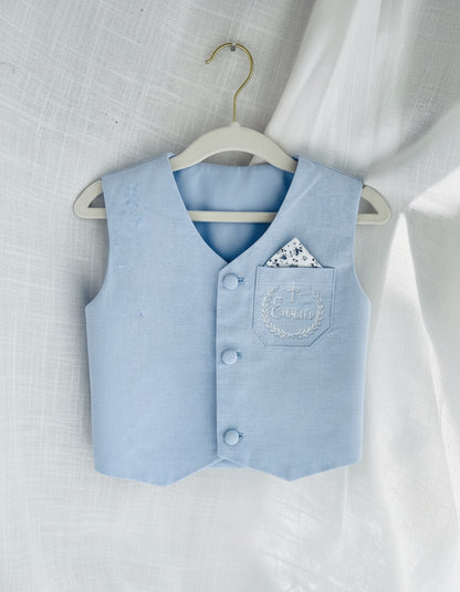 Pale blue summer vest set with blue vest, suspender shorts white shirt and bowtie