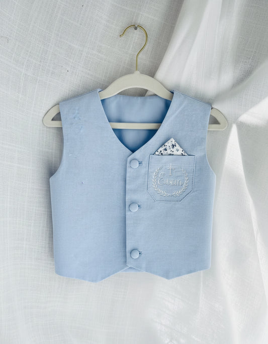 Baby and Toddler Boys pale blue and beige linen summer set with vest, shirt, shorts, suspenders and bowtie