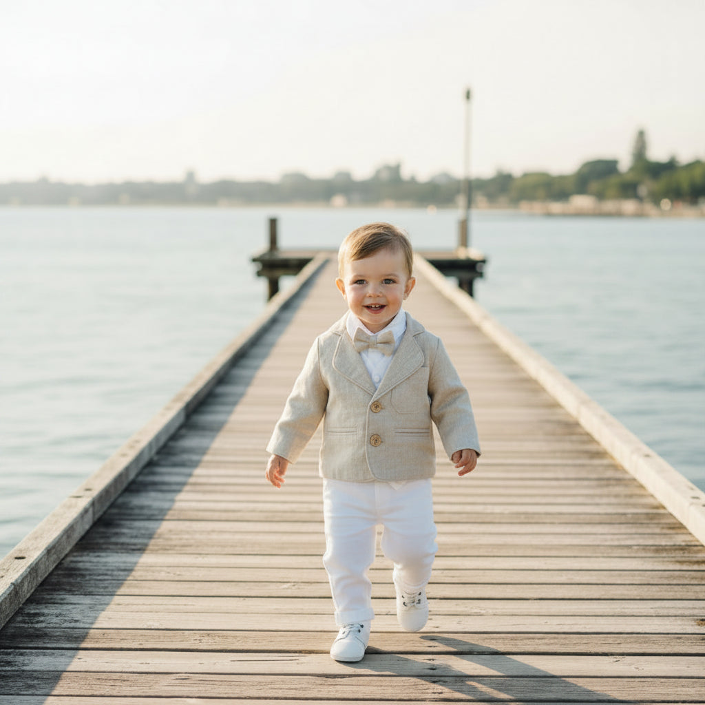 White linen vest suit with beige linen jacket and accessories