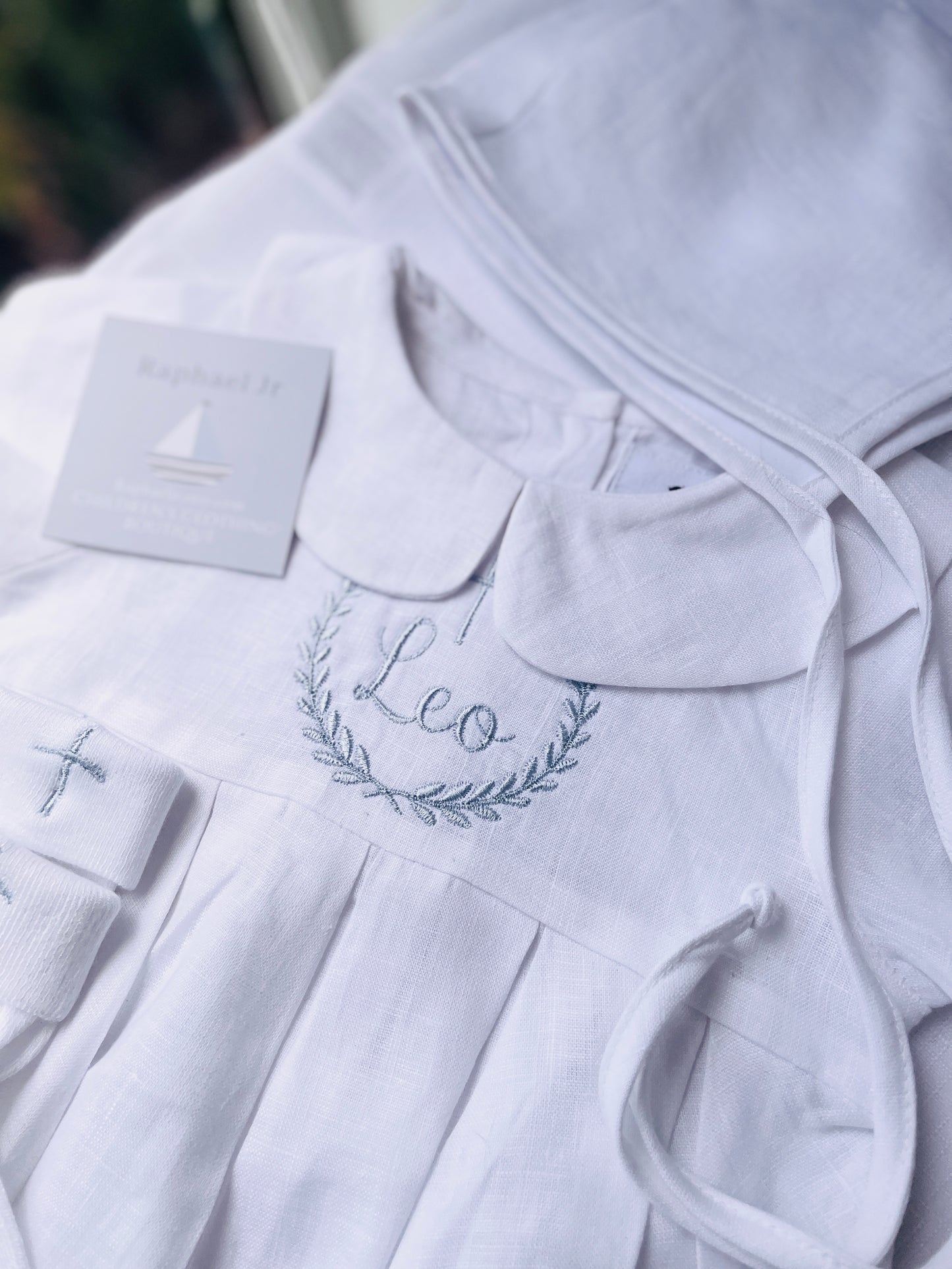 Linen Baptism peter pan collar romper outfit with optional embroidery customisation