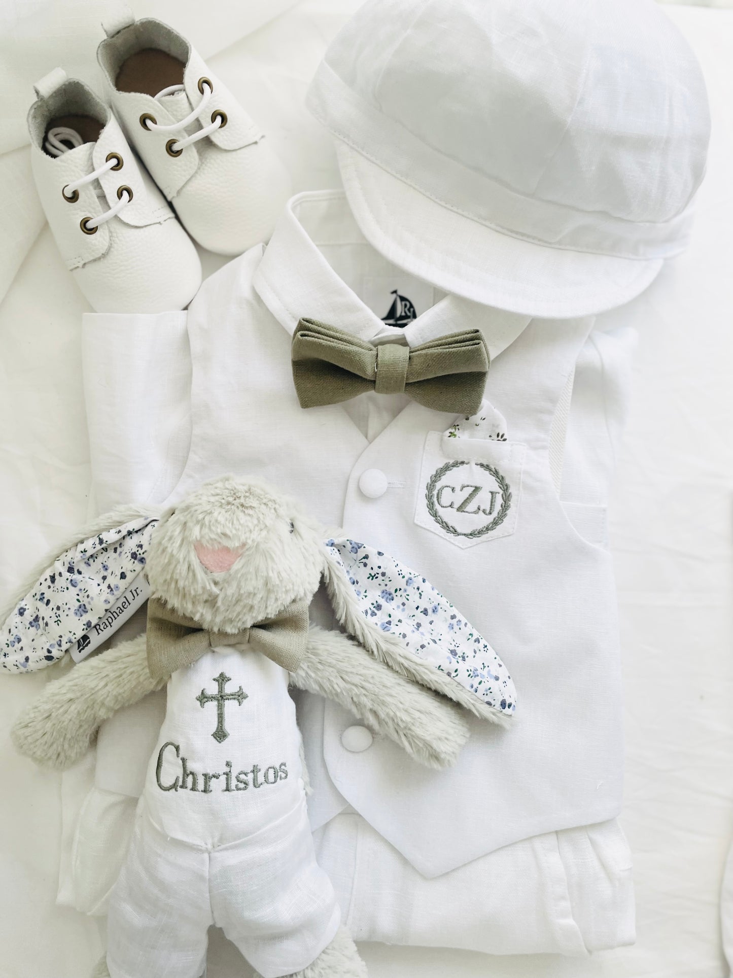 Grey fluffy christening bunny rabbit toy in little suit and bow tie to match babys outfit embroidery optional