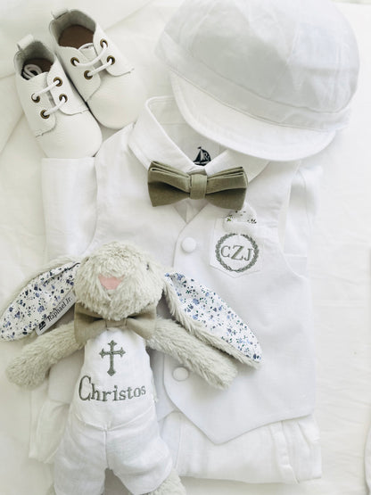 Christening bunny rabbit toy in little suit and bow tie to match babys outfit