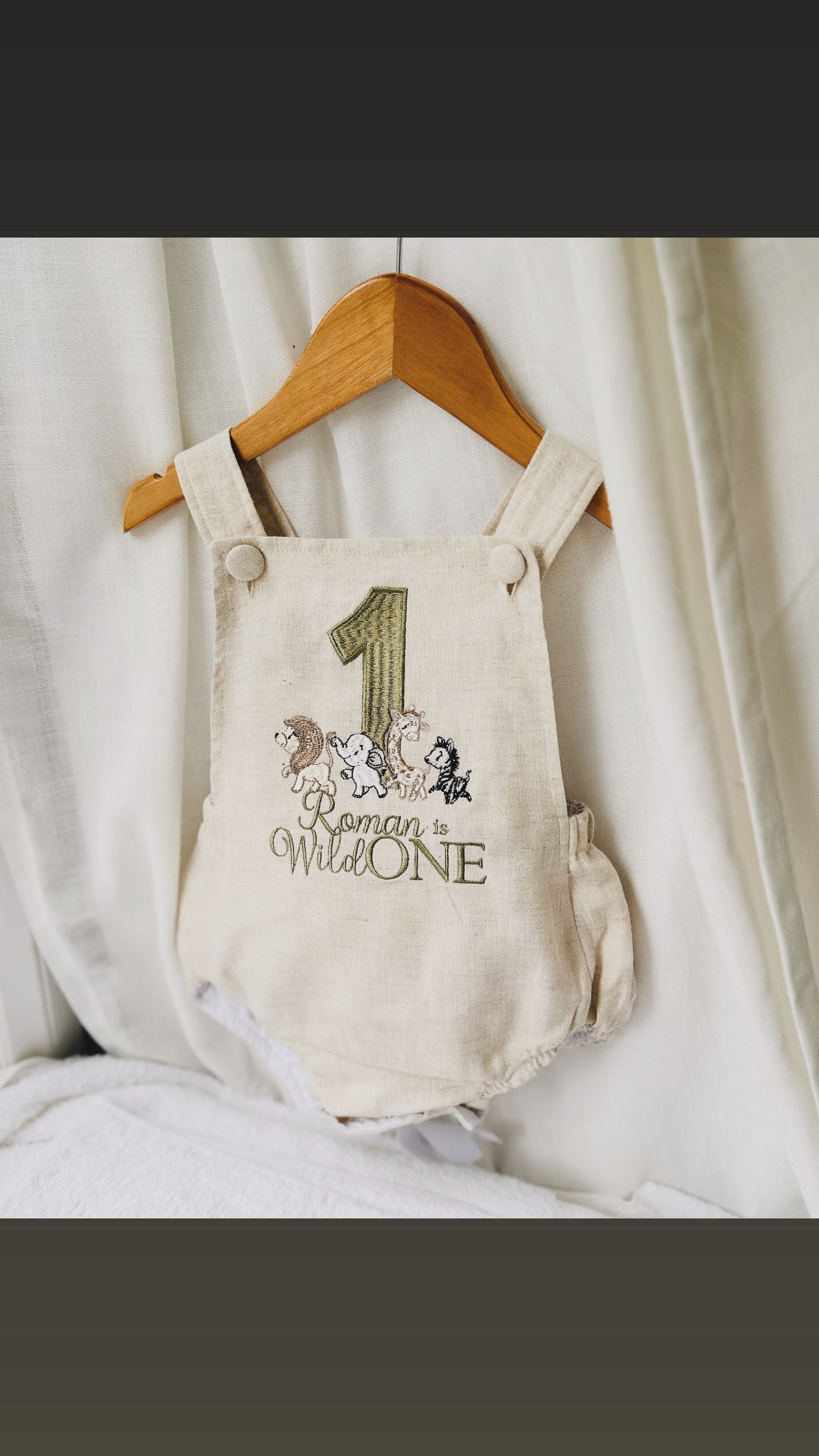 Boys Beige Linen First Birthday romper overalls wild one safari