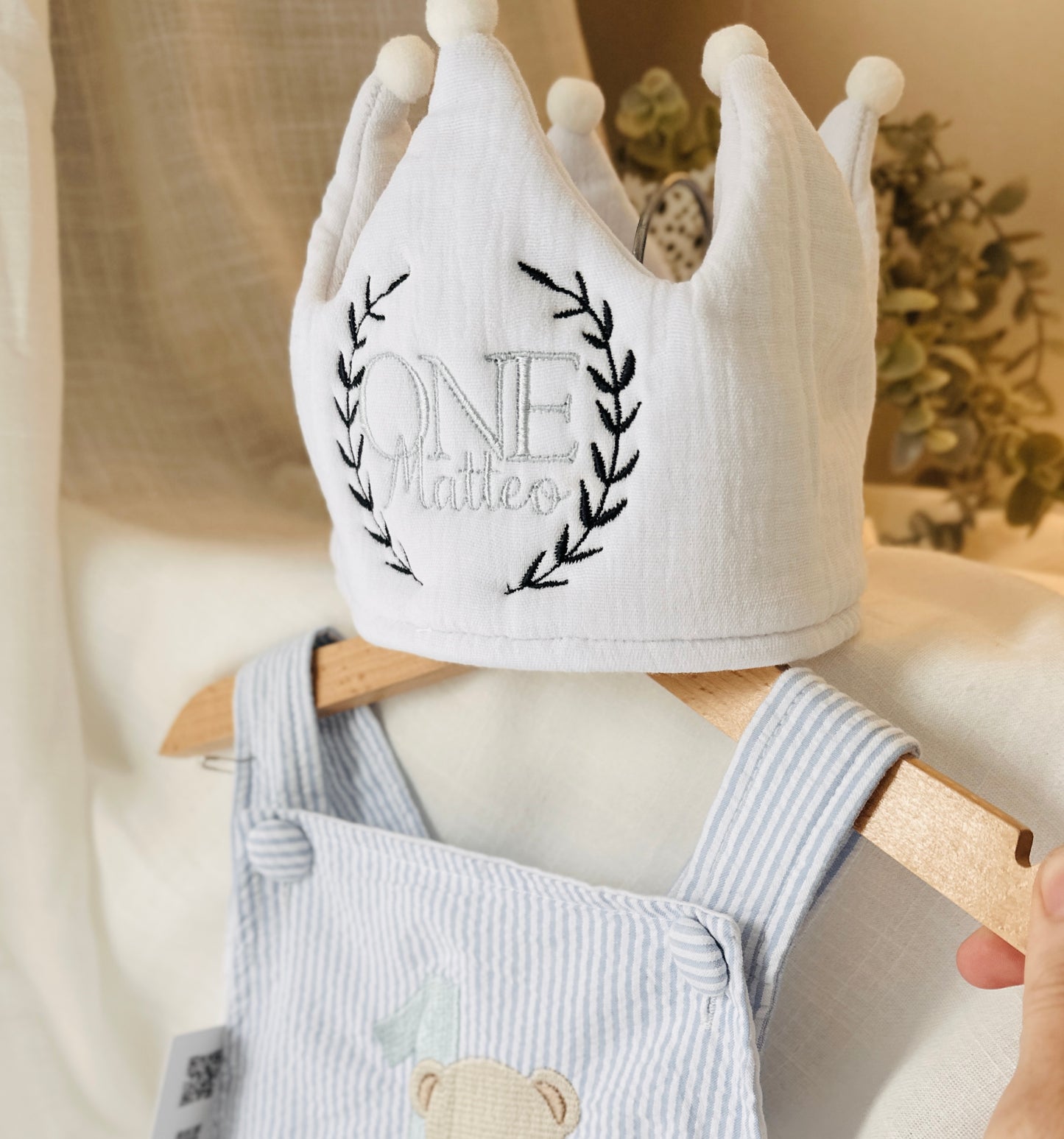 Beige or White First Birthday crown hat with embroidery