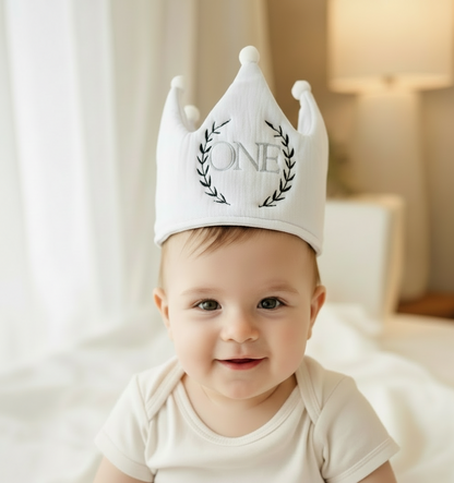 Beige or White First Birthday crown hat with embroidery