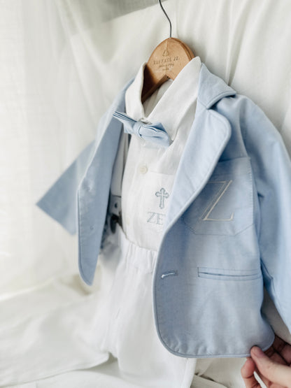 White linen Baptism Suit outfit with optional blue jacket and Accessories