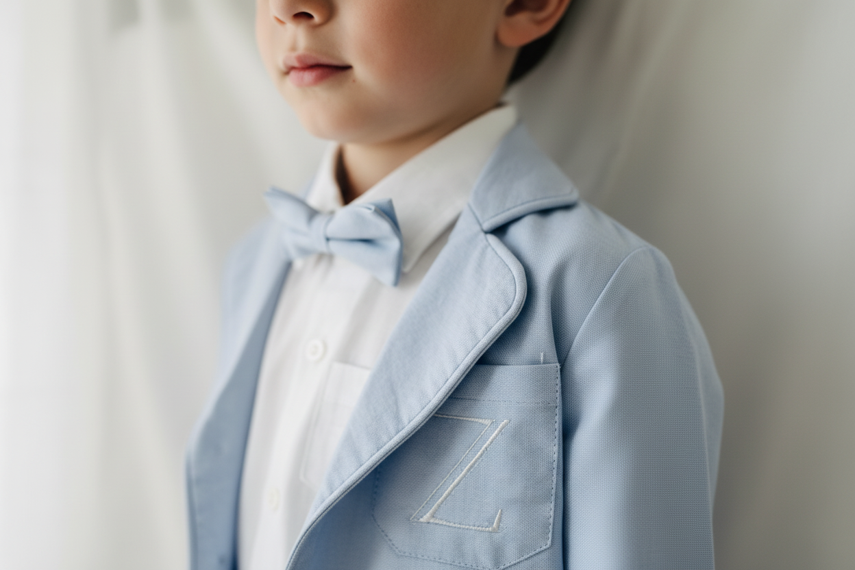 Boys Pale Blue chambray Jacket and beige Linen pants suit