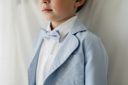 White linen Baptism Suit outfit with optional blue jacket and Accessories