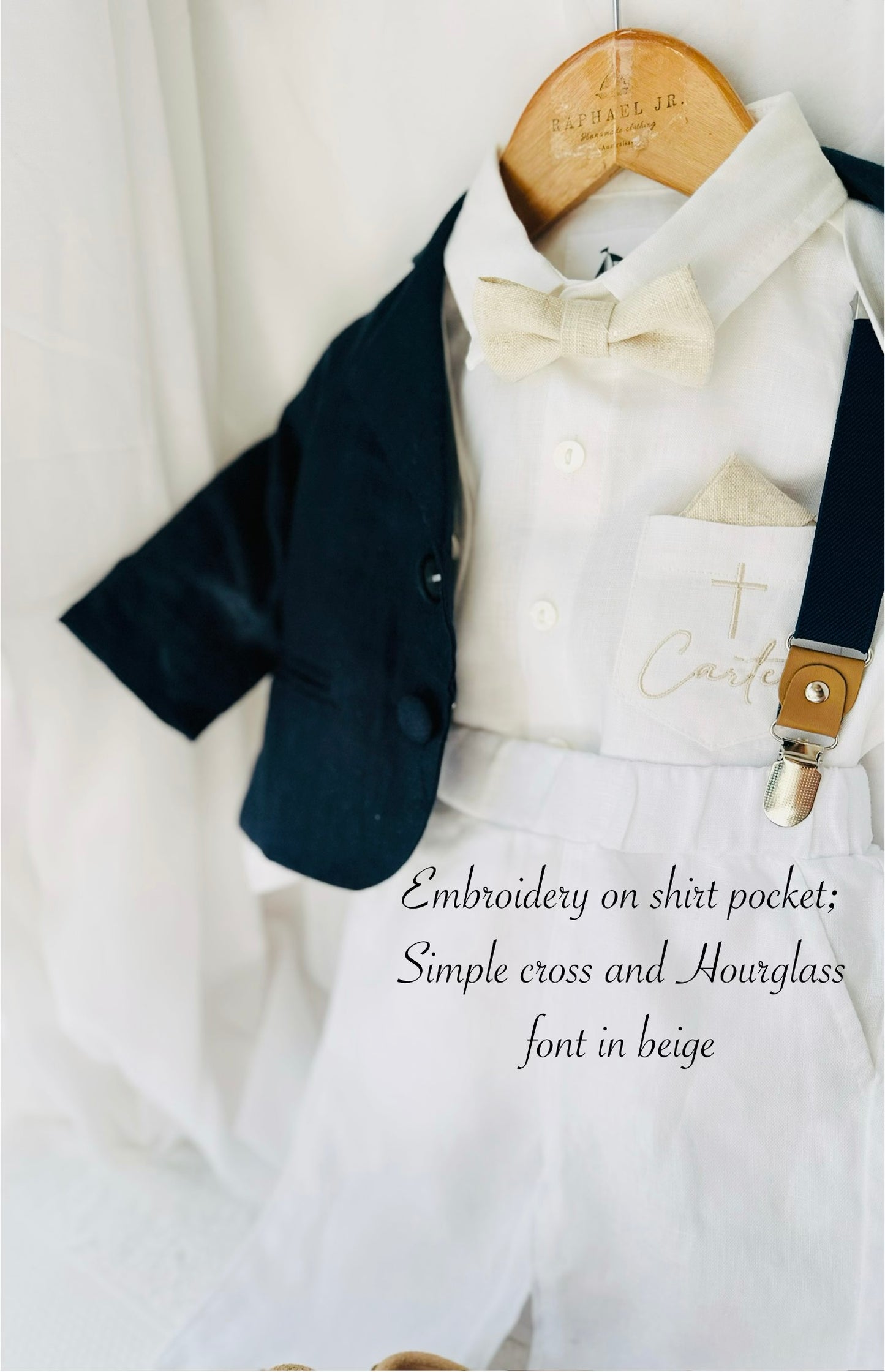 Boys white vest with white linen suit and navy jacket set