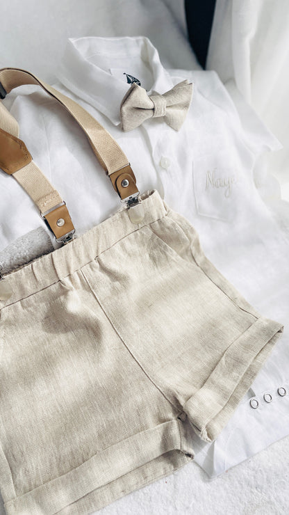 Beige Linen Baptism outfit with suspender shorts, shirt, and bow tie plus optional jacket and embroidery