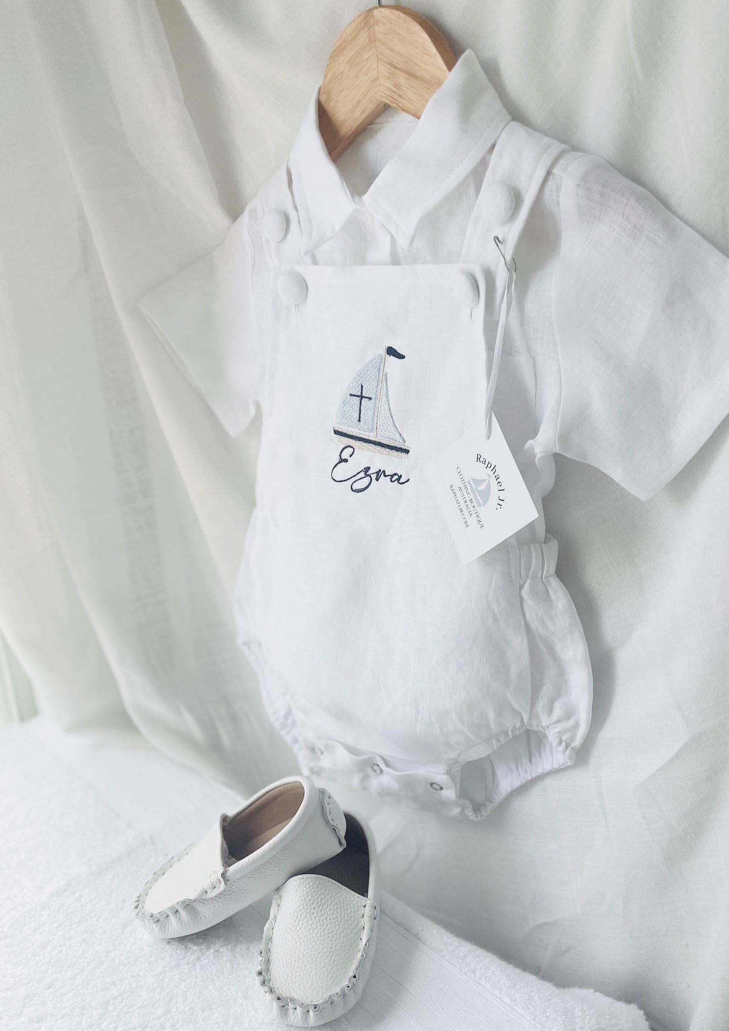 White linen Baptism romper overalls and linen shirt set