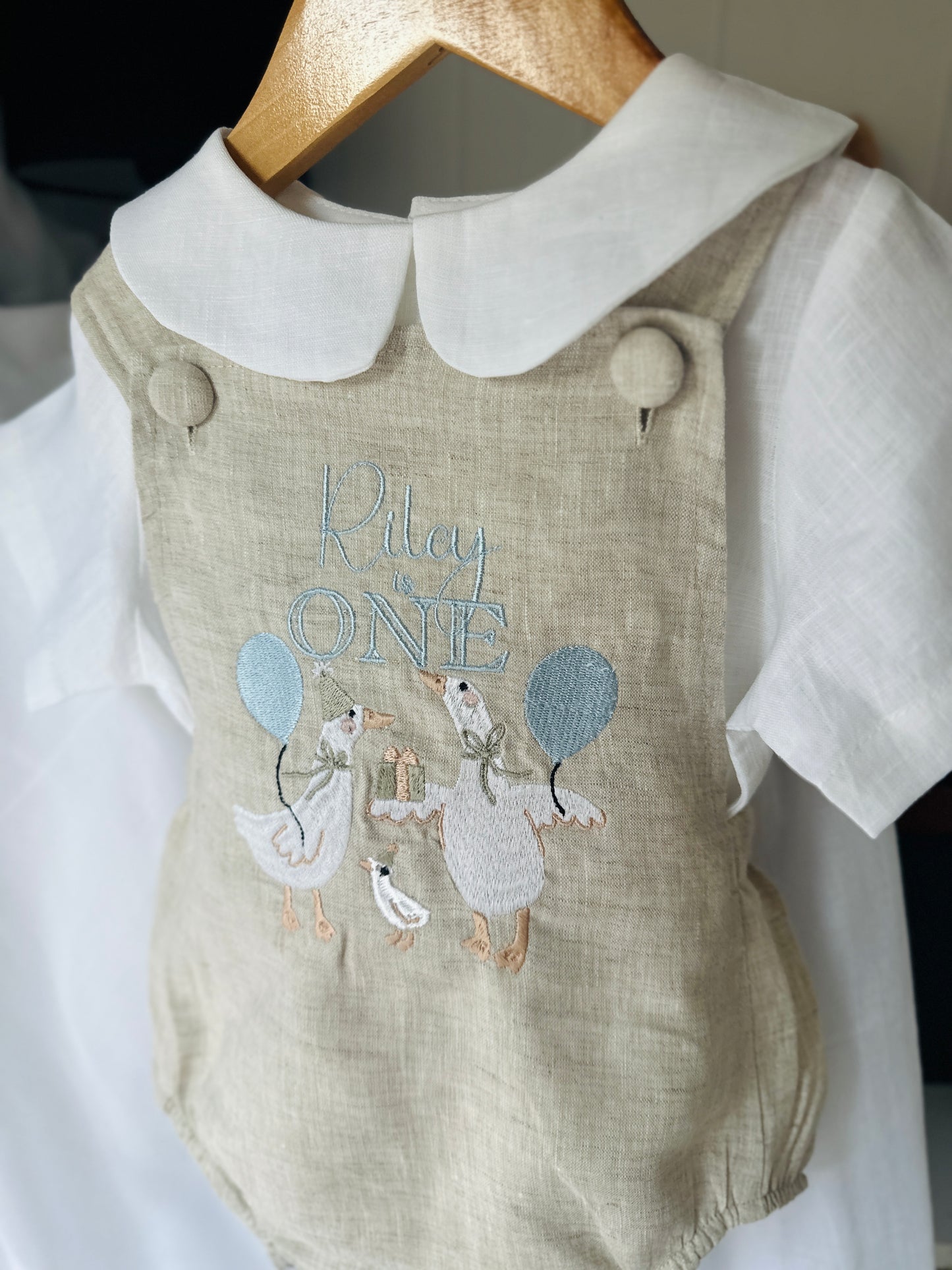 Beige and white linen Birthday and Baptism romper and blouse set