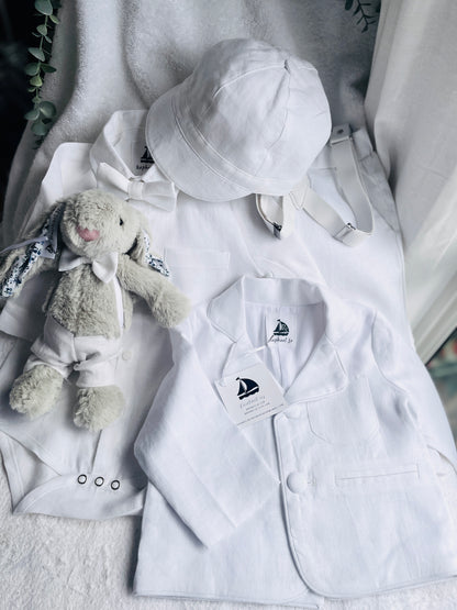 White linen summer Baptism set with shirt shorts suspenders bow tie and optional jacket