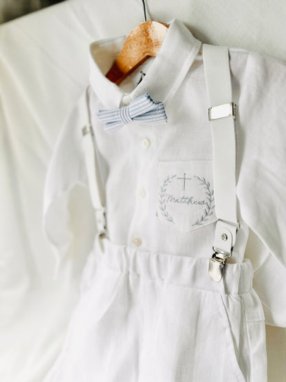 White linen summer Baptism outfit with shorts shirt and suspenders and optional pale blue jacket