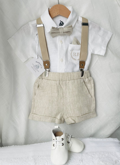 Beige Linen Baptism outfit with suspender shorts, shirt, and bow tie plus optional jacket and embroidery