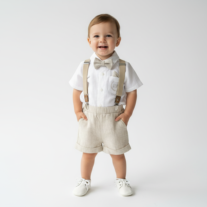 Pale blue and Beige linen summer set with blue vest, white shirt, beige shorts, suspenders and blue bow tie