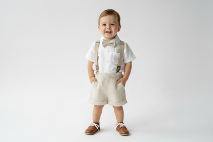 Beige Linen Baptism outfit with suspender shorts, shirt, and bow tie plus optional jacket and embroidery