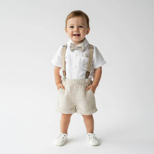 Beige Linen Baptism outfit with suspender shorts, shirt, and bow tie plus optional jacket and embroidery