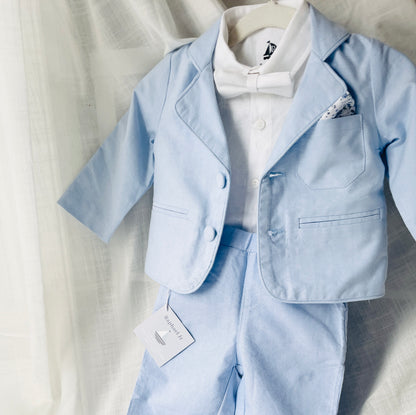 Blue chambray set with blue pants, white linen shirt, white, blue or beige suspenders and blue bow tie