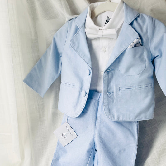 Baby and toddler boys pale blue chambray and linen full suit