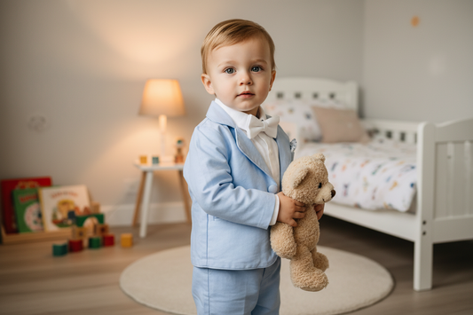 Baby and toddler boys pale blue chambray and linen full suit