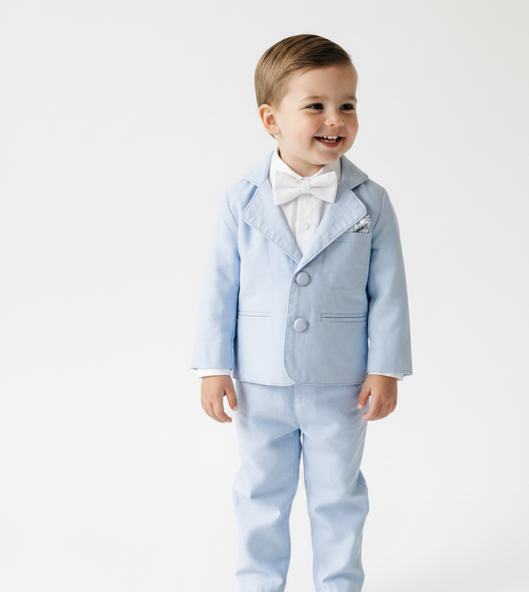 Blue chambray set with blue pants, white linen shirt, white, blue or beige suspenders and blue bow tie