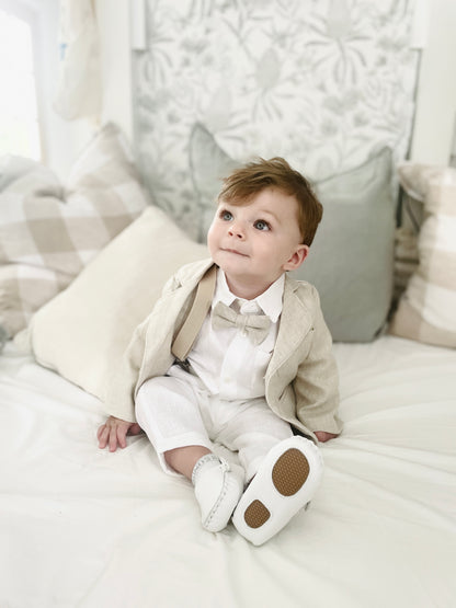 White and Beige Linen Set with optional Jacket Accessories and Embroidery