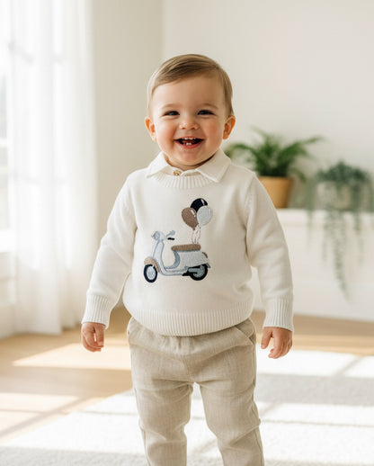 Birthday outfit with cotton onesie and embroidered jumper and linen pants