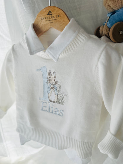 Warm white cotton sweater with optional first birthday embroidery
