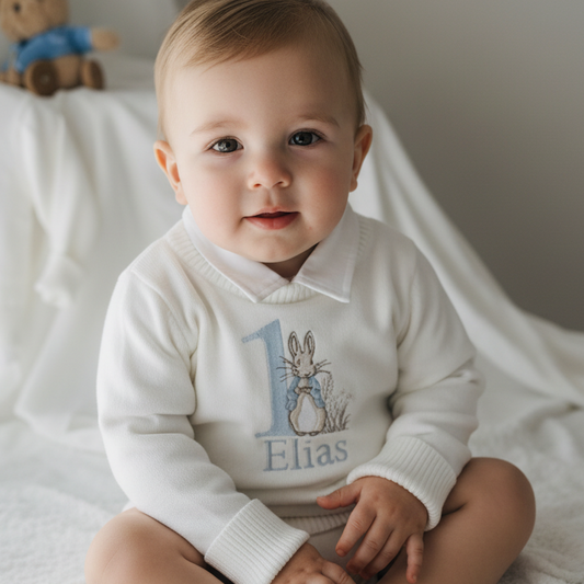 Warm white cotton sweater with optional first birthday embroidery