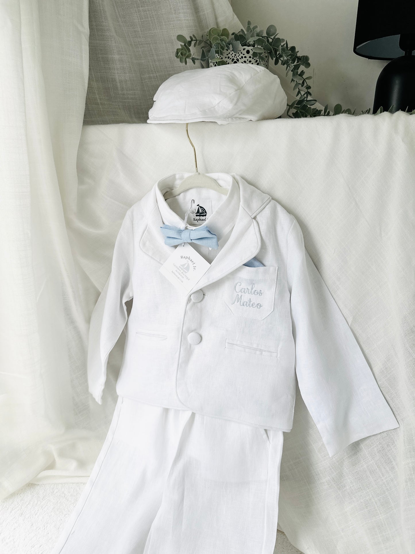 Boys White linen Baptism blazer jacket with optional embroidery