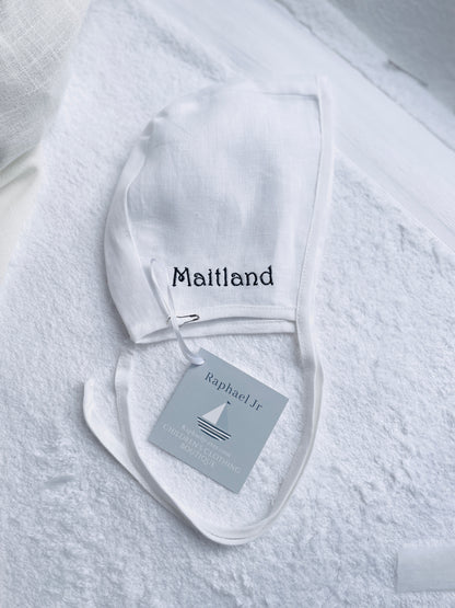 White linen baby bonnet for baptisms and christenings with optional embroidery
