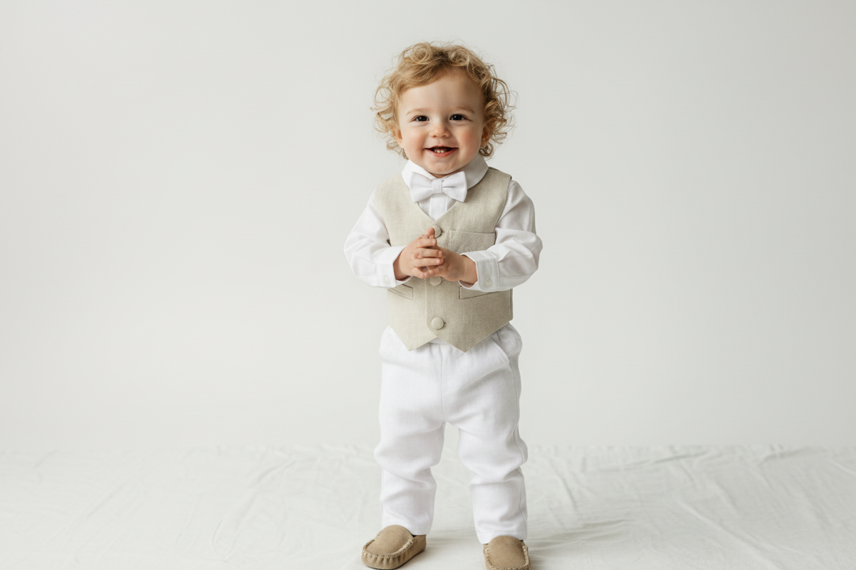 White and Beige Linen set with vest, shirt, pants, suspenders and bowtie plus optional jacket, cap and shoes