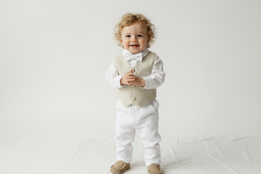 White and Beige Linen set with vest, shirt, pants, suspenders and bowtie plus optional jacket, cap and shoes