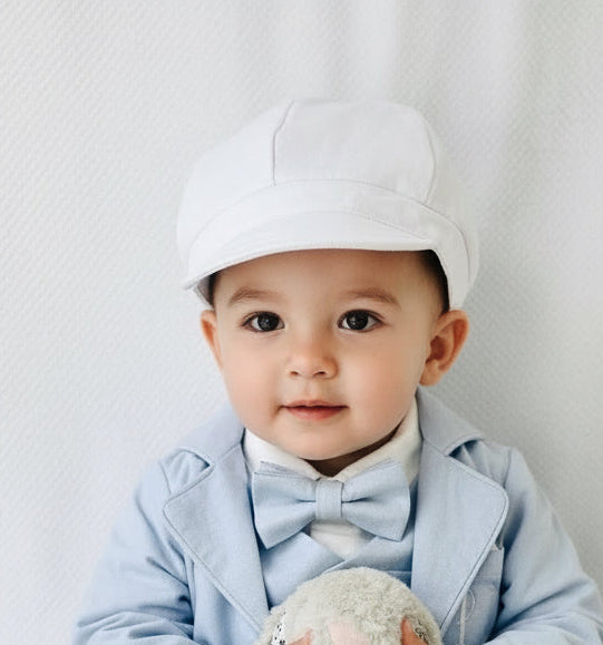 Boys pale blue and white Baptism outfit with blue vest, white linen suspender pants and shirt