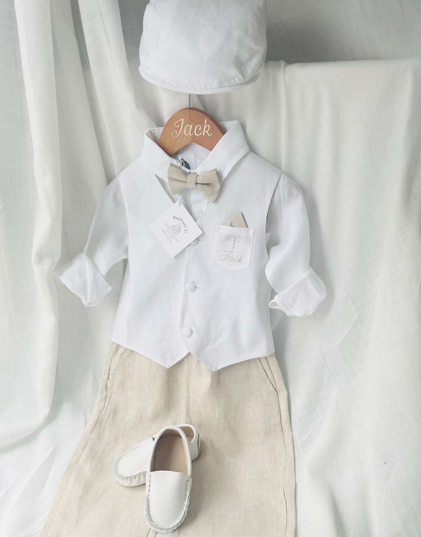 Boys white and beige linen set with vest, shirt, pants, suspenders and bowtie