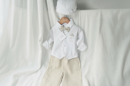 Boys white and beige linen set with vest, shirt, pants, suspenders and bowtie