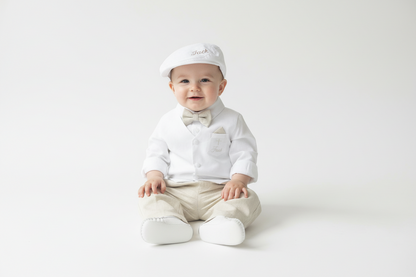 Boys white and beige linen set with vest, shirt, pants, suspenders and bowtie