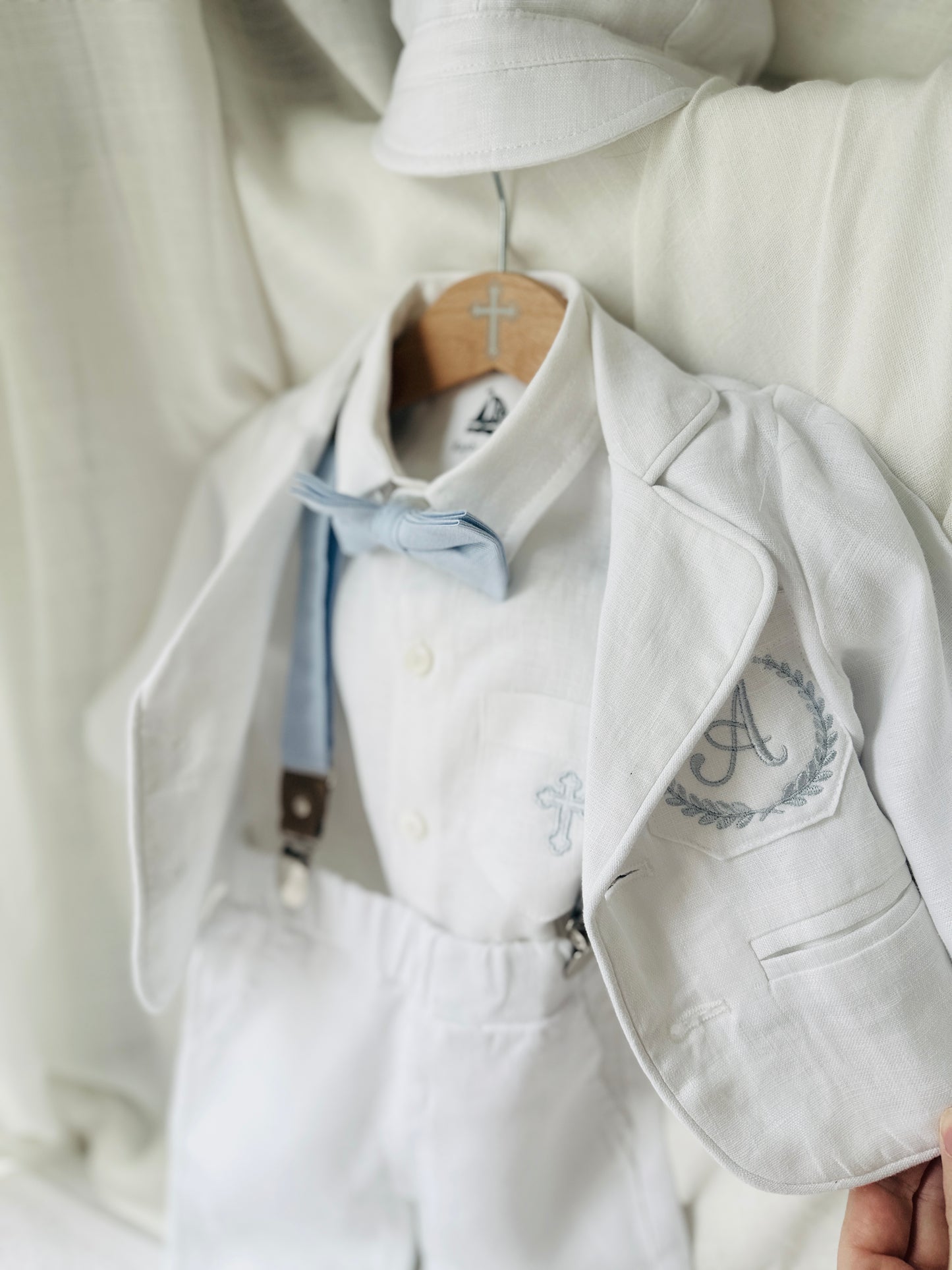 White linen Baptism suit set with pants, shirt, suspenders and bowtie plus optional jacket and extras