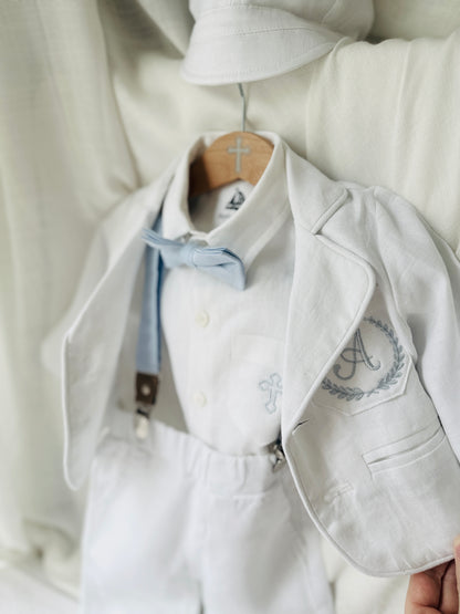 White linen Baptism suit set with pants, shirt, suspenders and bowtie plus optional jacket and extras