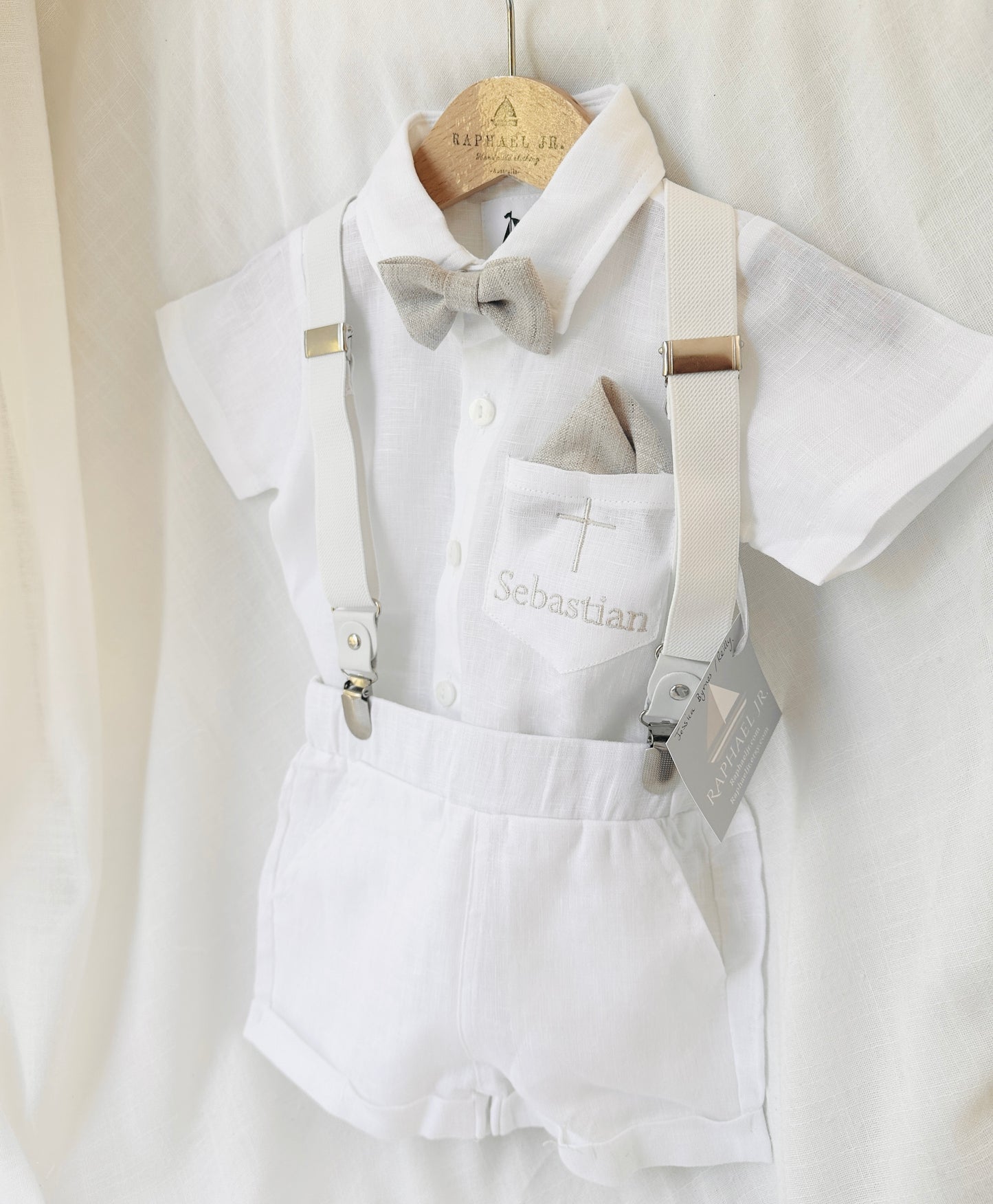 White linen summer Baptism outfit with suspender shorts, shirt, bowtie plus optional extras