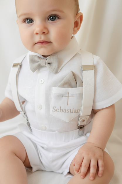 White and beige Summer linen outfit with suspender shorts, shirt, and bow tie plus optional jacket and embroidery