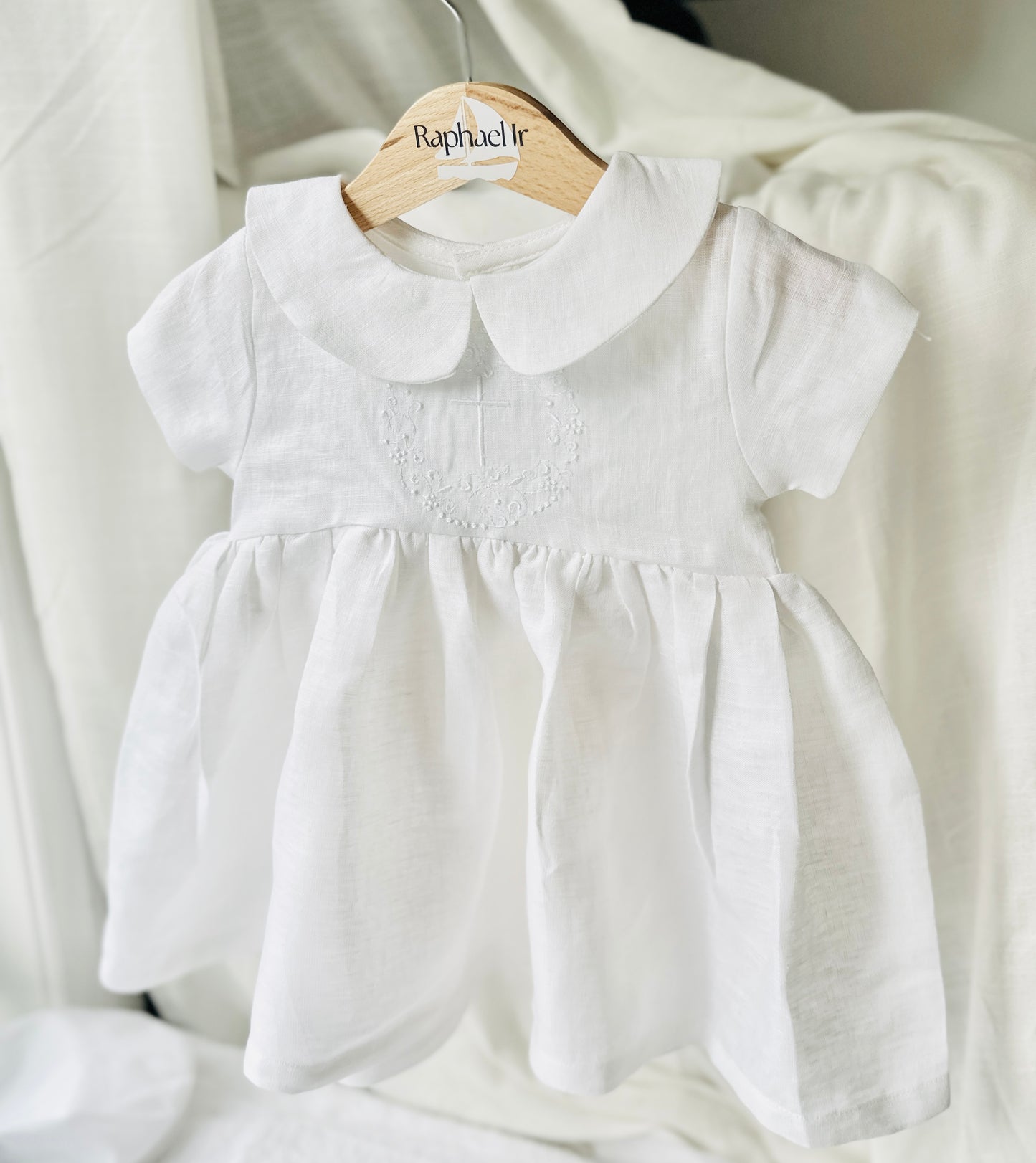 Pure Linen knee length Baptism Dress with embroidery and bloomers and optional ribbon