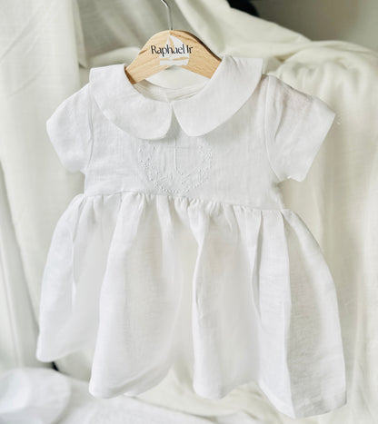 Pure Linen knee length Baptism Dress with embroidery and bloomers and optional ribbon
